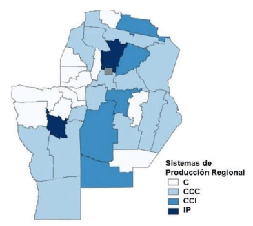 Figura 2. Coeficiente de orientación productiva regional para las provincias de Córdoba y San Luis: cría (C), ciclo completo con predominancia de cría (CCC), ciclo completo con predominancia de invernada (CCI), e invernada pura (IP).