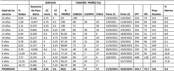 Tabla 1. Resultados productivos y reproductivos de los vientres de la EEA INTA Corrientes ciclo 2022-2023. 