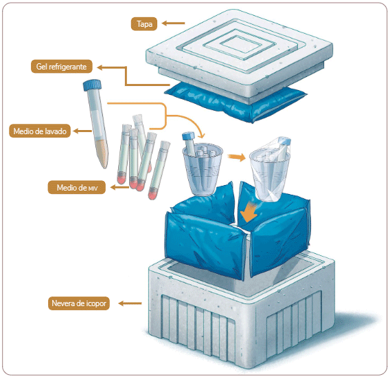 Figura 11. Nevera de icopor con los medios proporcionados por el laboratorio para llevar a cabo el proceso de lavado y maduración in vitro.Fuente: Elaboración propia