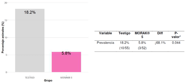 Gráfico 1. Prevalencia de QIB en cada grupo. Los resultados muestran una reducción significativa (p-valor< 0.05) de casos en el grupo MORAK® 5 en comparación con el grupo testigo.