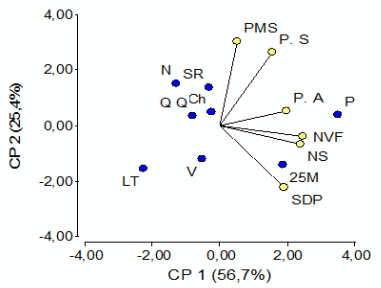 Figura 1. Análisis de componentes principales de poblaciones de Leptochloa crinita (LC) de la provincia de La Pampa. Las variables vegetativas evaluadas son: sobrevivencia de las plantas (SDP), crecimiento en longitud de la parte aérea (PA) y subterránea (PS). Variables reproductivas: número de varas florales (NVF), peso de mil semillas (PMS) y número de las espiguillas (NS) por vara floral.