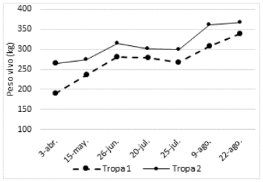 Figura 1. Evolución de peso en feedlot con tropa compuesta con animales de distintos orígenes. 3-abr: ingreso al engorde de Tropa 1; 26-jun: ingreso al engorde de Tropa 2; 20-jul: inicio de signología respiratoria; 25-jul: tratamiento metafiláctico con antibiótico.