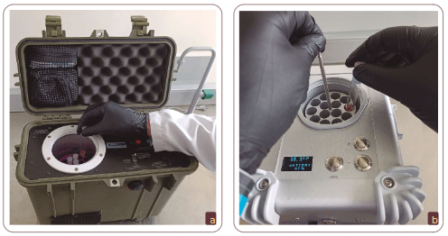 • El tubo de maduración siempre debe estar en posición vertical para evitar que los oocitos se adhieran a las paredes o a la tapa del tubo.• Impedir la exposición de los tubos de maduración a la luz artificial o natural, debido a la fotosensibilidad de los oocitos.• Asegurarse siempre de que la transportadora de oocitos tenga las baterías cargadas, para garantizar que la temperatura se mantenga durante el transporte.