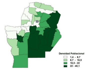 Figura 1. Densidad poblacional para las provincias de Córdoba y San Luis (Coeficiente de equivalente cabeza por km2 ).