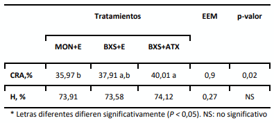 Tabla 1. CRA del músculo LD de animales con dietas con MON+E, BXS+E o BXS+ATX en su etapa de terminación