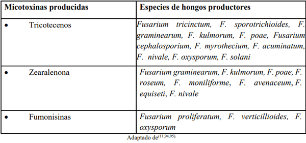 Cuadro 1: Micotoxinas producidas por hongos del género Fusarium sp.