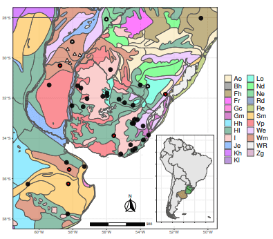 Figura 1 - Localización de los estudios de fertilización con fósforo (P) recopilados y unidades de suelo dominante. Se indica el tipo de datos disponibles en cada lugar: productividad de forraje (círculos negros), concentración de P en planta (triángulo blanco que apunta hacia arriba) y relación N:P en planta (triángulo rojo que apunta hacia abajo). La extensión original de los pastizales del Río de la Plata, con las subregiones de Pampas (marrón) y Campos (verde) está representada en el mapa interior de América del Sur (Soriano 1991), más detalles en Cardozo et al. 2024.