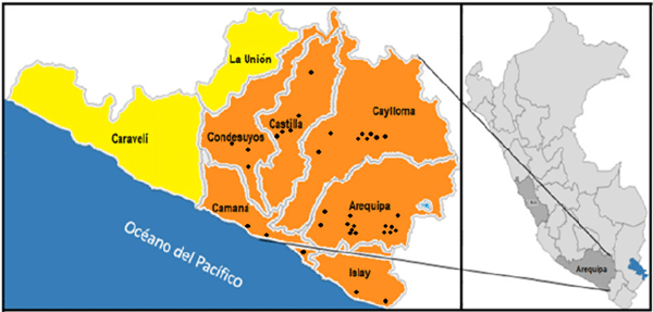 Figura 1. Mapa de las provincias de la región Arequipa, con los puntos de muestreo.