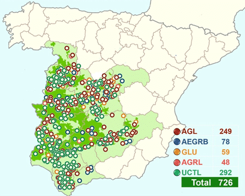 Figura 1 Provincias y ganaderías ubicadas en dehesa en España de cada una de las asociaciones ganaderas que forman el LGRBL