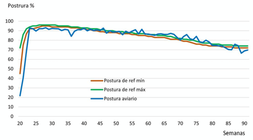 Figura 13. Porcentaje de postura registrado en el aviario de la semana 20 a la 90 del ciclo de postura y valores de referencia máximos y mínimos indicados en la guía de manejo.