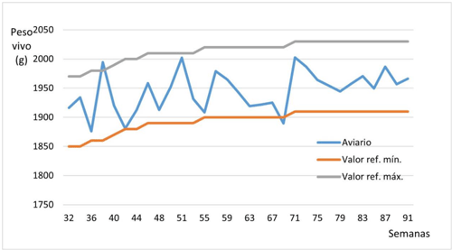 Figura 5. Determinación del peso de las aves de la semana 28 a la 91 del ciclo de postura y parámetros máximos y mínimos indicados en Hy-Line International (2016).