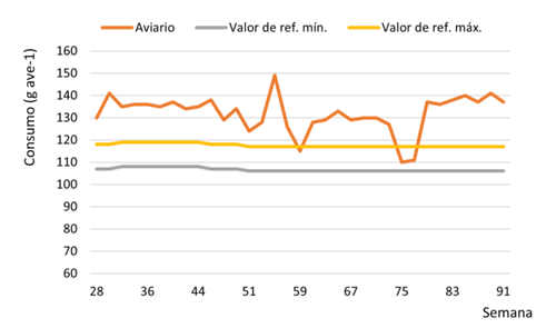 Figura 9. Consumo de alimento registrado en el aviario de la semana 28 a la 91 del ciclo de postura y valores de referencia máximos y mínimos indicados en la guía de manejo.