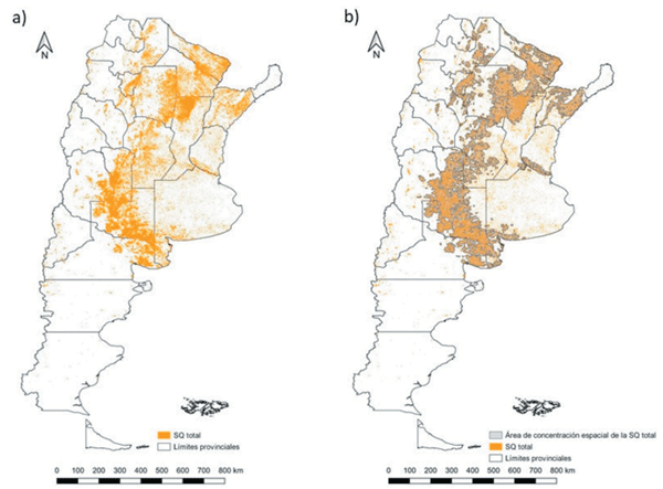 Figura 1. Superficies quemadas en el territorio argentino en el período 2000-2019. a) Superficie quemada total (polígonos > 50 ha). b) Área de concentración espacial de la superficie quemada total (CESQ).