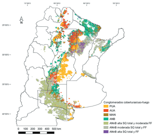 Figura 4. Distribución espacial de los conglomerados de asociación entre coberturas/usos del suelo e incidencia de fuego para el período 2000-2019 (conglomerados coberturas/usos-fuego) en el área de concentración espacial de la superficie quemada total. Referencias: PUA (persistencia del uso agropecuario), AUA (avance del uso agropecuario), MAN (mixto áreas naturales), ANB (áreas naturales boscosas) y ANnB (áreas naturales no boscosas), SQ total (superficie quemada total), FF (frecuencia de eventos de fuego).