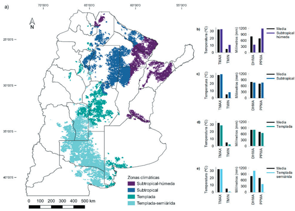 Figura 2. a) Zonas climáticas en el área de concentración espacial de la superficie quemada total (CESQ). b-e) Valores promedio de las variables climáticas correspondientes al área de CESQ (barras negras) en comparación con los valores promedio correspondientes a cada zona climática (barras de colores). Referencias: precipitación media anual (PPMA), déficit hídrico medio anual (DHMA), temperatura máxima media de los meses más cálidos (TMAX) y temperatura mínima media de los meses más fríos (TMIN).