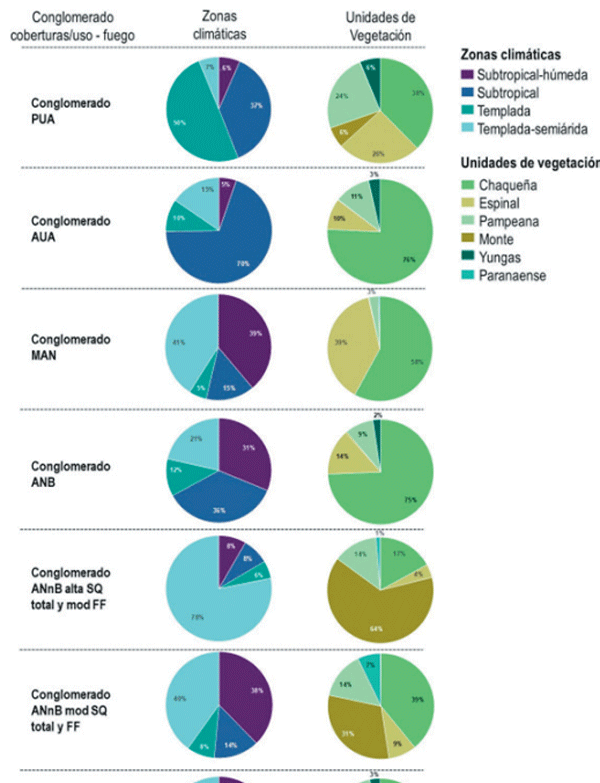 Figura 7. Intersección espacial entre conglomerados de coberturas/usos-fuego con zonas climáticas y unidades de vegetación. Porcentaje de superficie que ocupa cada conglomerado de cobertura/uso del suelo-fuego dentro de la zona climática o unidad de vegetación.