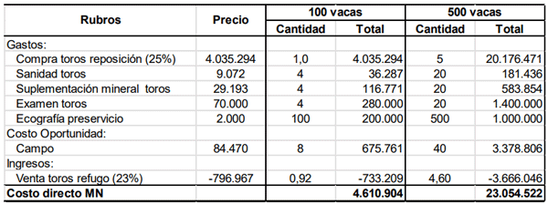 Tabla 2. Costo directo total del servicio MN, para 100 y 500 vacas en septiembre 2024.