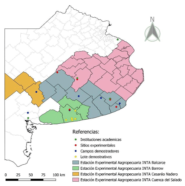 Figura 1. Área de influencia de las Estaciones Experimentales Agropecuarias INTA representadas por diferentes colores. Los puntos indican las Unidades Académicas y sitios experimentales y/o demostrativos propuestos para formar una red de sistemas agropecuarios sustentables en el sur de la Provincia de Buenos Aires.