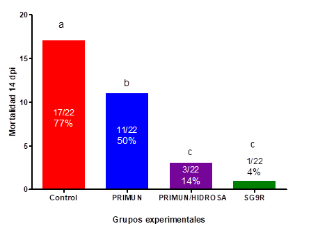 Figura 1. Mortalidad acumulada al día 15 después del desafío