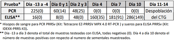 Tabla 1. Número de muestras y resultados positivos a PRRSv por PCR y ELISA, antes y después de la detección del virus en el CTG en día 0.