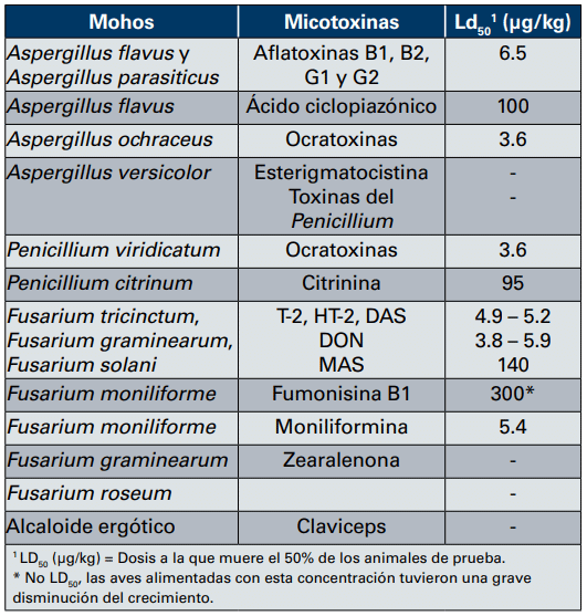 Cuadro 2: Los hongos y micotoxinas importantes en la producción avícola intensiva y sus respectivas LD50 (13).