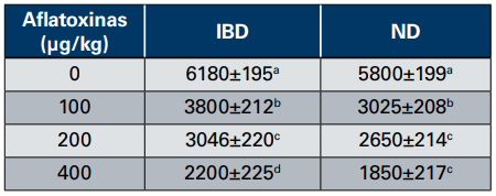 Cuadro 4. Efecto de la aflatoxina B1 sobre los títulos de anticuerpos contra la enfermedad infecciosa de la bolsa de Fabricio (IBD) y la enfermedad de Newcastle (ND) en pollos de engorde de semanas de edad (40).